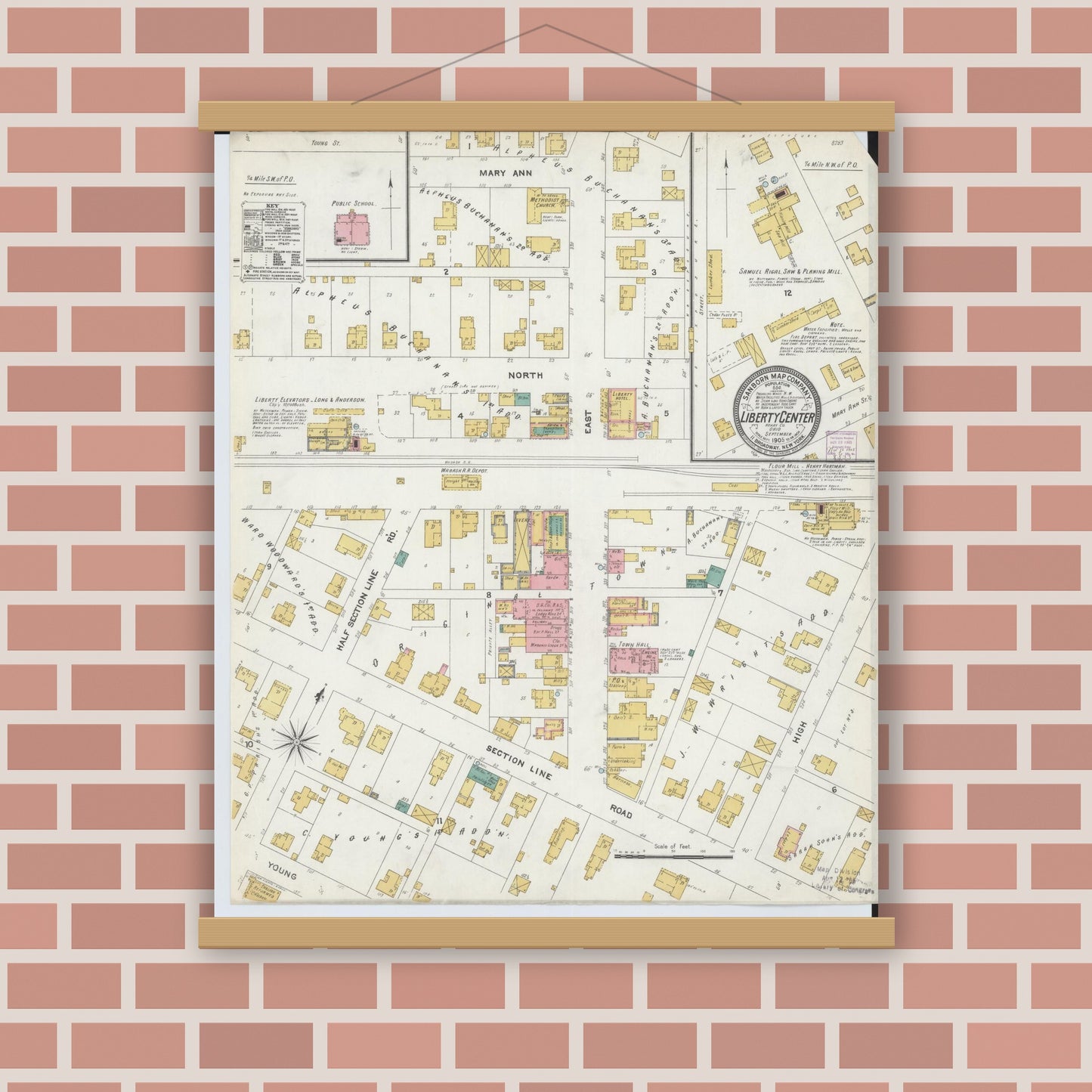 Old map wall art mockup — magnetic wood frame on brick wall — Sanborn Fire Insurance Map from Liberty Center, Henry County, Ohio (1905), Sheet #0001