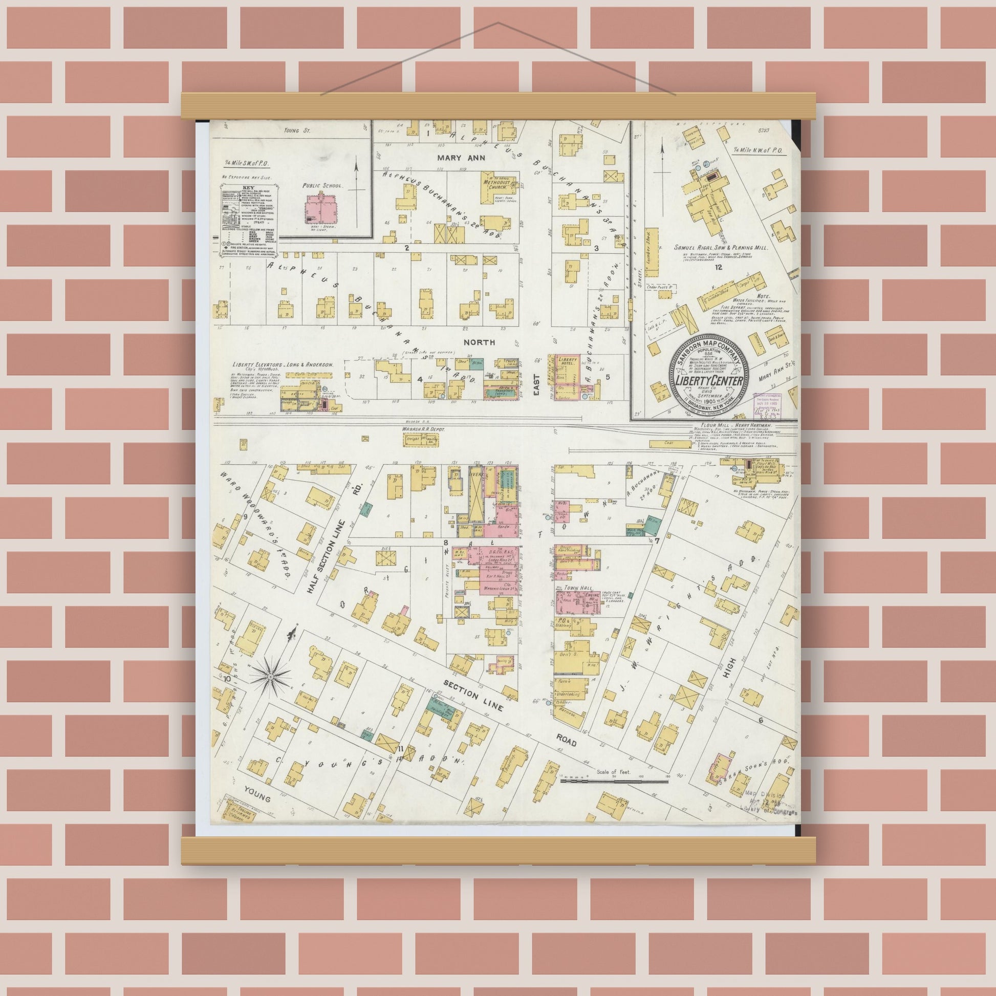 Old map wall art mockup — magnetic wood frame on brick wall — Sanborn Fire Insurance Map from Liberty Center, Henry County, Ohio (1905), Sheet #0001