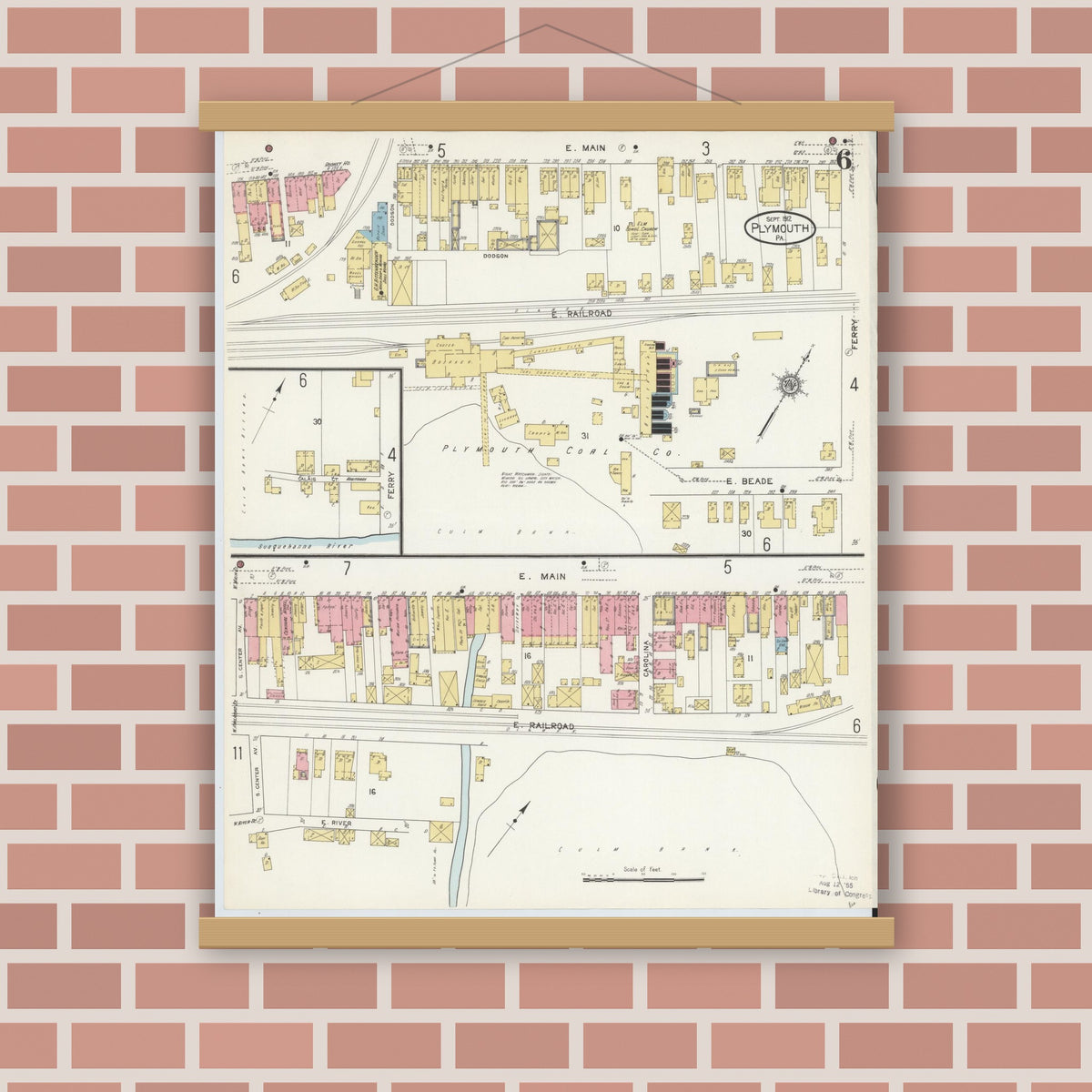Old map wall art mockup — magnetic wood frame on brick wall — Sanborn Fire Insurance Map from Plymouth, Luzerne County, Pennsylvania (1912), Sheet #0006