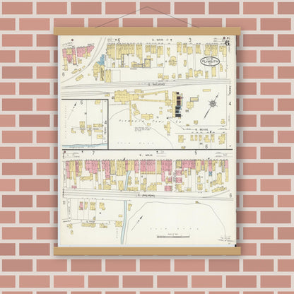 Old map wall art mockup — magnetic wood frame on brick wall — Sanborn Fire Insurance Map from Plymouth, Luzerne County, Pennsylvania (1912), Sheet #0006