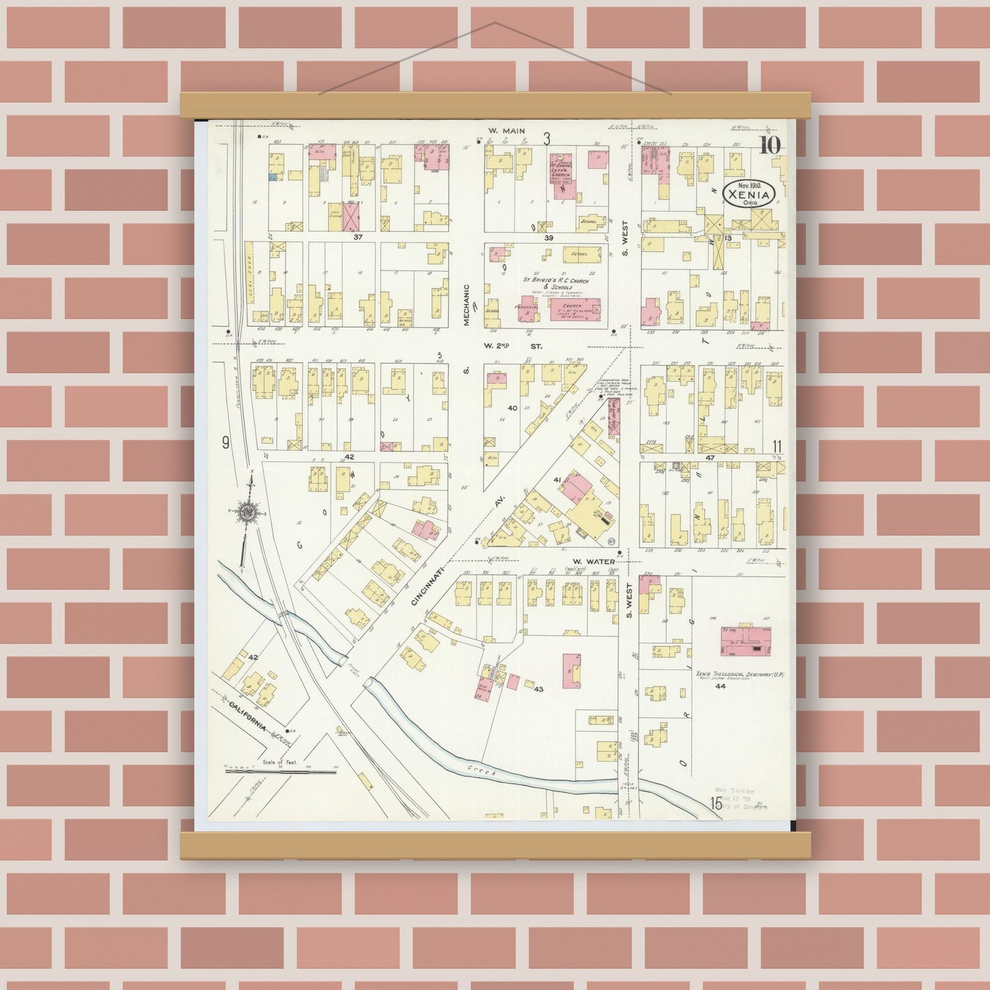 Old map wall art mockup — magnetic wood frame on brick wall — Sanborn Fire Insurance Map from Xenia, Greene County, Ohio (1910), Sheet #0010