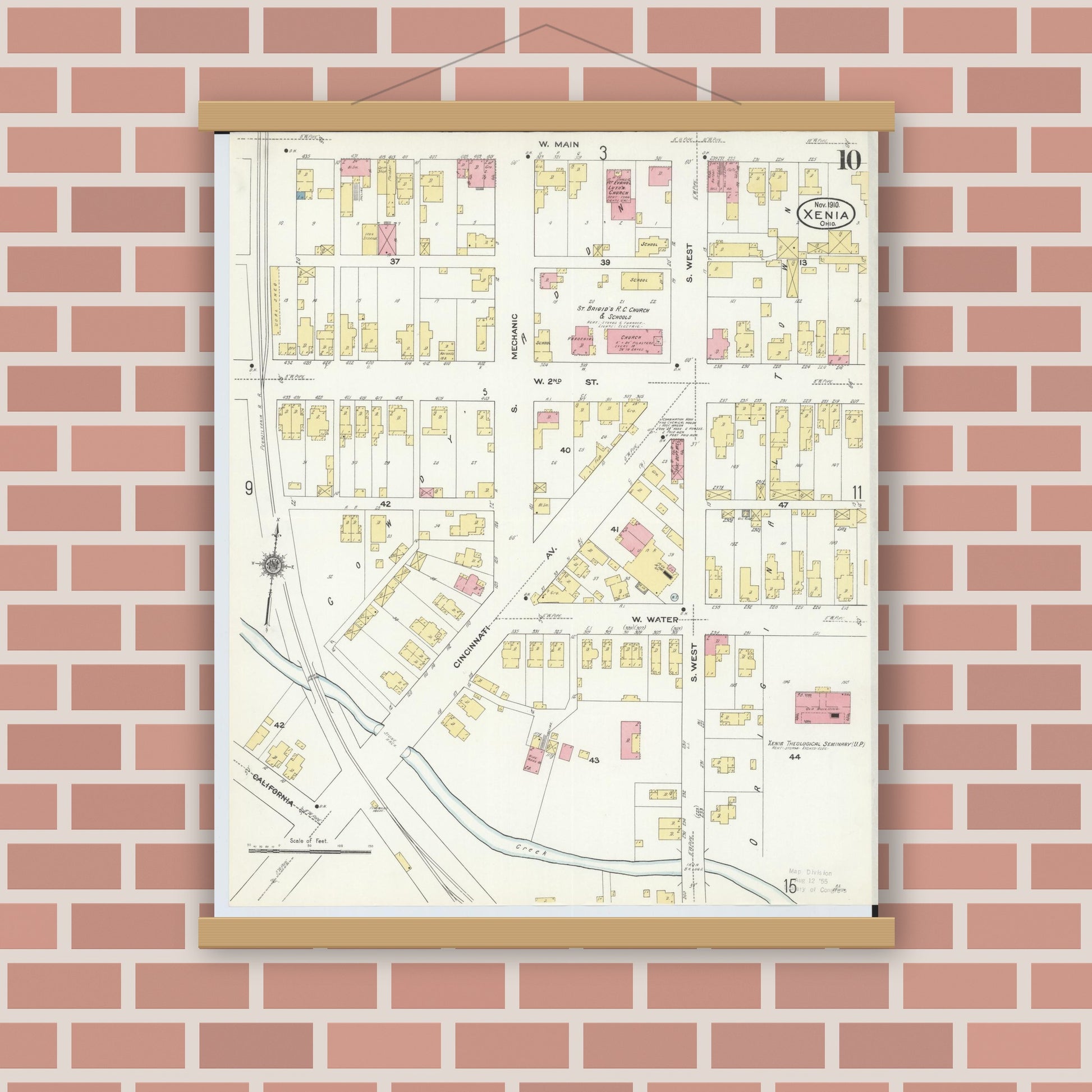Old map wall art mockup — magnetic wood frame on brick wall — Sanborn Fire Insurance Map from Xenia, Greene County, Ohio (1910), Sheet #0010