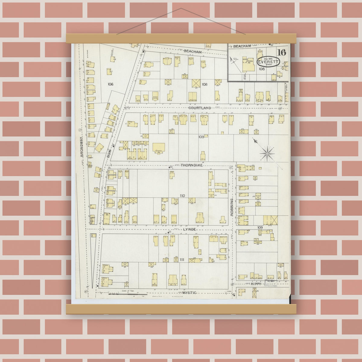 Old map wall art mockup — magnetic wood frame on brick wall — Sanborn Fire Insurance Map from Everett, Middlesex County, Massachusetts (1892), Sheet #0016