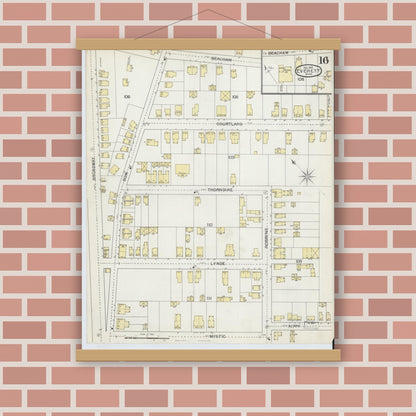 Old map wall art mockup — magnetic wood frame on brick wall — Sanborn Fire Insurance Map from Everett, Middlesex County, Massachusetts (1892), Sheet #0016