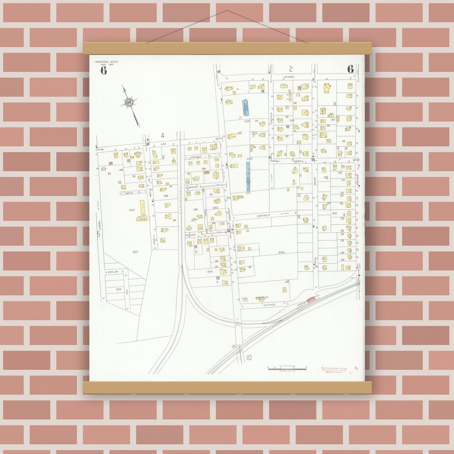 Old map wall art mockup — magnetic wood frame on brick wall — Sanborn Fire Insurance Map from Needham, Norfolk County, Massachusetts (1937), Sheet #0006