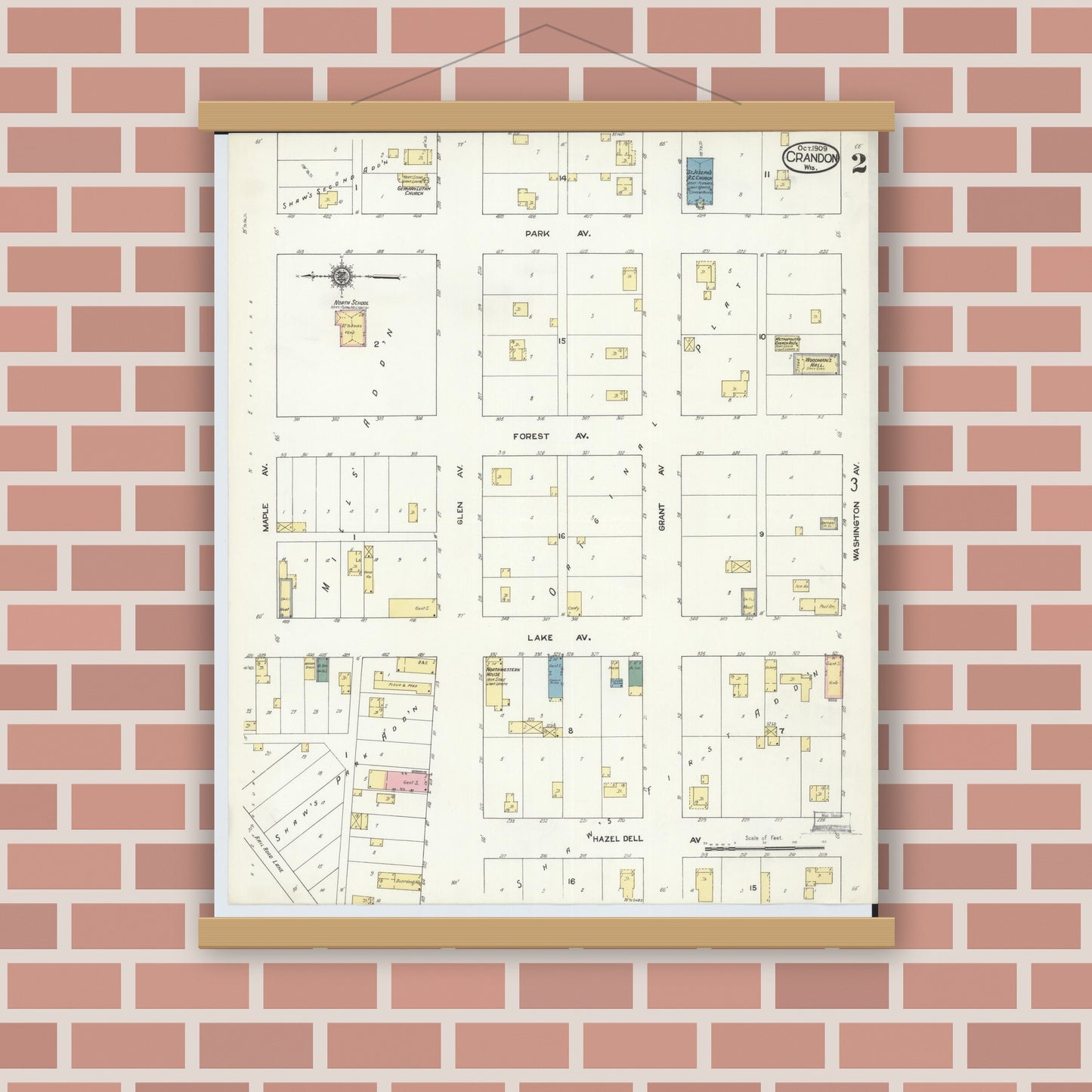 Old map wall art mockup — magnetic wood frame on brick wall — Sanborn Fire Insurance Map from Crandon, Forest County, Wisconsin (1909), Sheet #0002