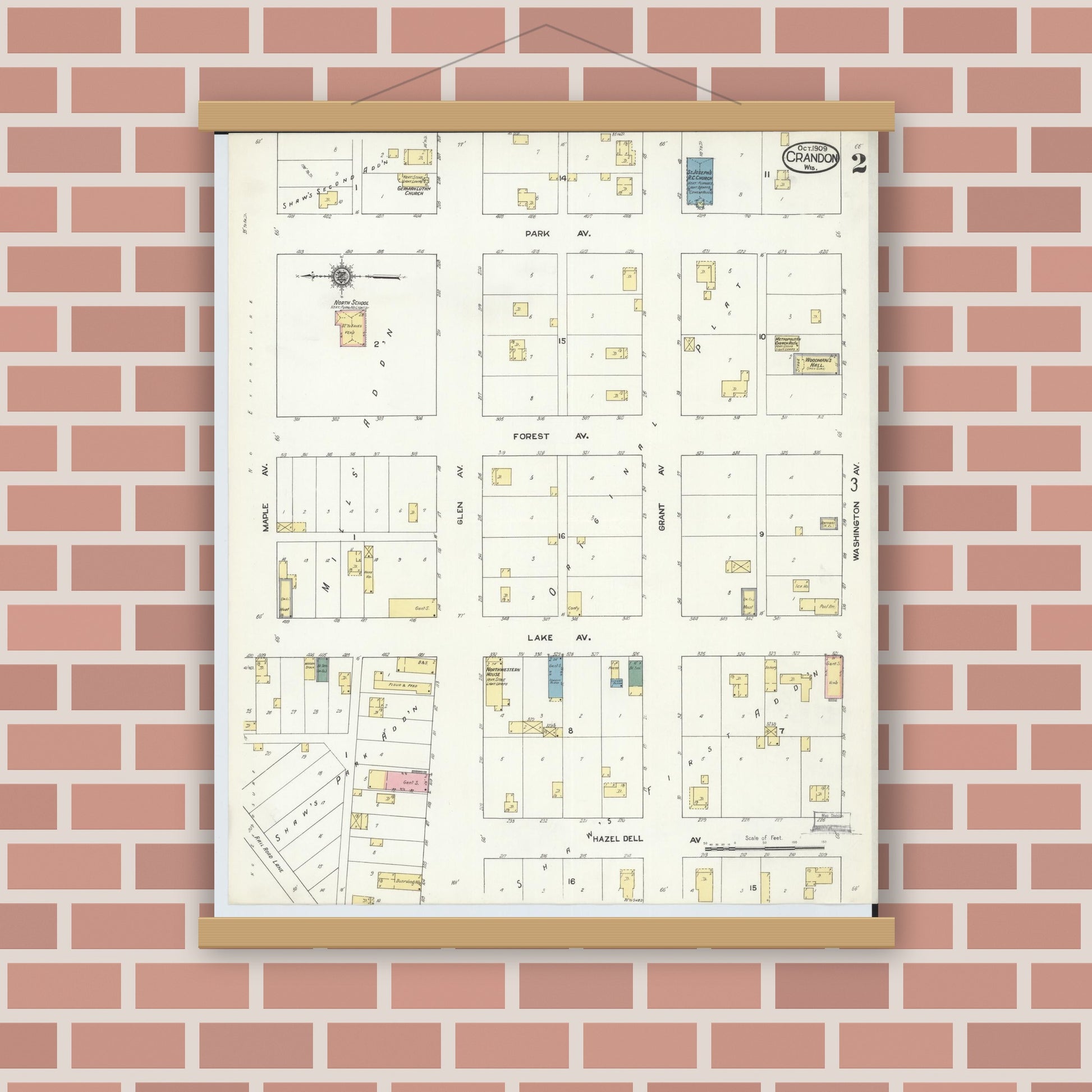 Old map wall art mockup — magnetic wood frame on brick wall — Sanborn Fire Insurance Map from Crandon, Forest County, Wisconsin (1909), Sheet #0002