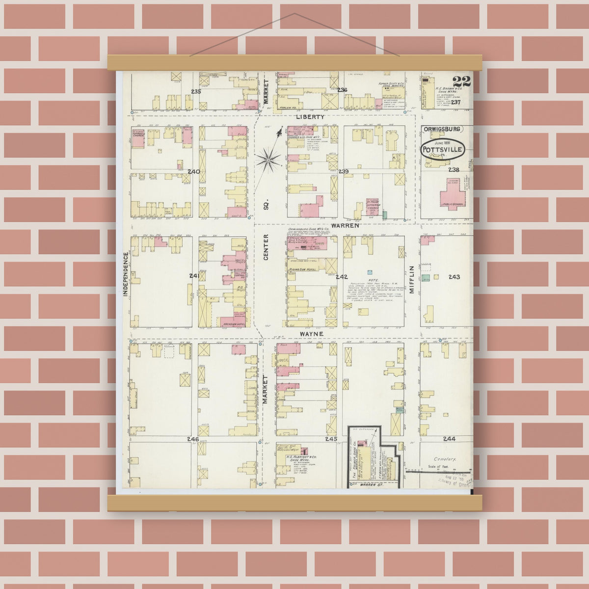 Old map wall art mockup — magnetic wood frame on brick wall — Sanborn Fire Insurance Map from Pottsville, Schuylkill County, Pennsylvania (1891), Sheet #0022