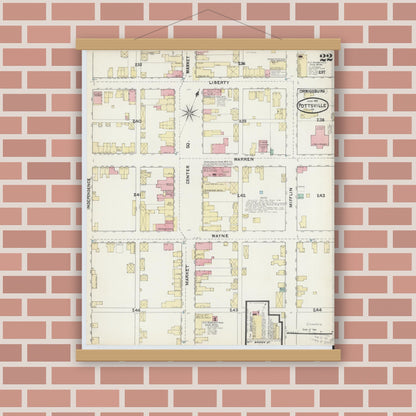 Old map wall art mockup — magnetic wood frame on brick wall — Sanborn Fire Insurance Map from Pottsville, Schuylkill County, Pennsylvania (1891), Sheet #0022