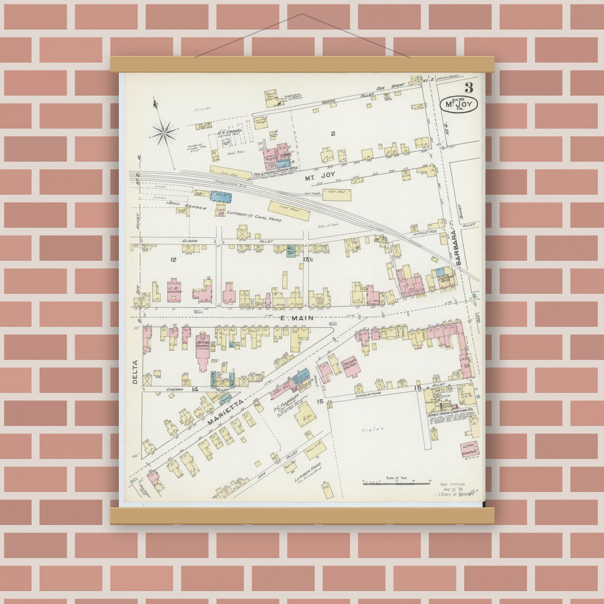 Old map wall art mockup — magnetic wood frame on brick wall — Sanborn Fire Insurance Map from Mount Joy, Lancaster County, Pennsylvania (1891), Sheet #0003