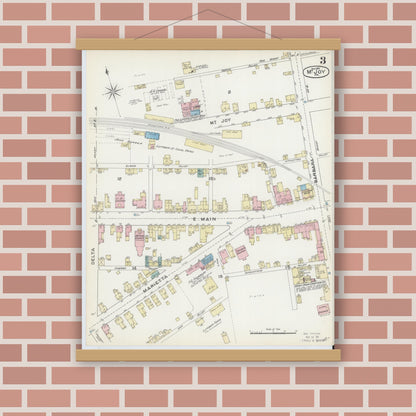Old map wall art mockup — magnetic wood frame on brick wall — Sanborn Fire Insurance Map from Mount Joy, Lancaster County, Pennsylvania (1891), Sheet #0003