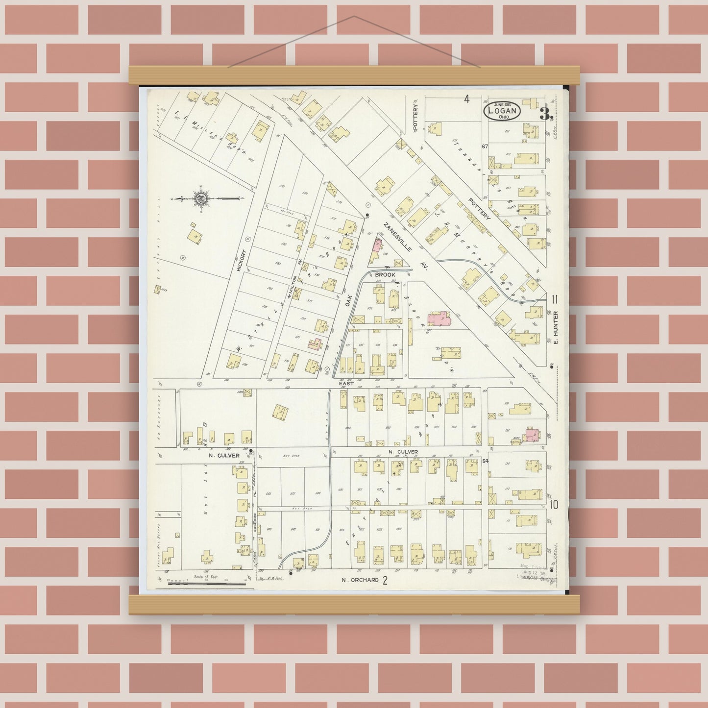 Old map wall art mockup — magnetic wood frame on brick wall — Sanborn Fire Insurance Map from Logan, Hocking County, Ohio (1914), Sheet #0003