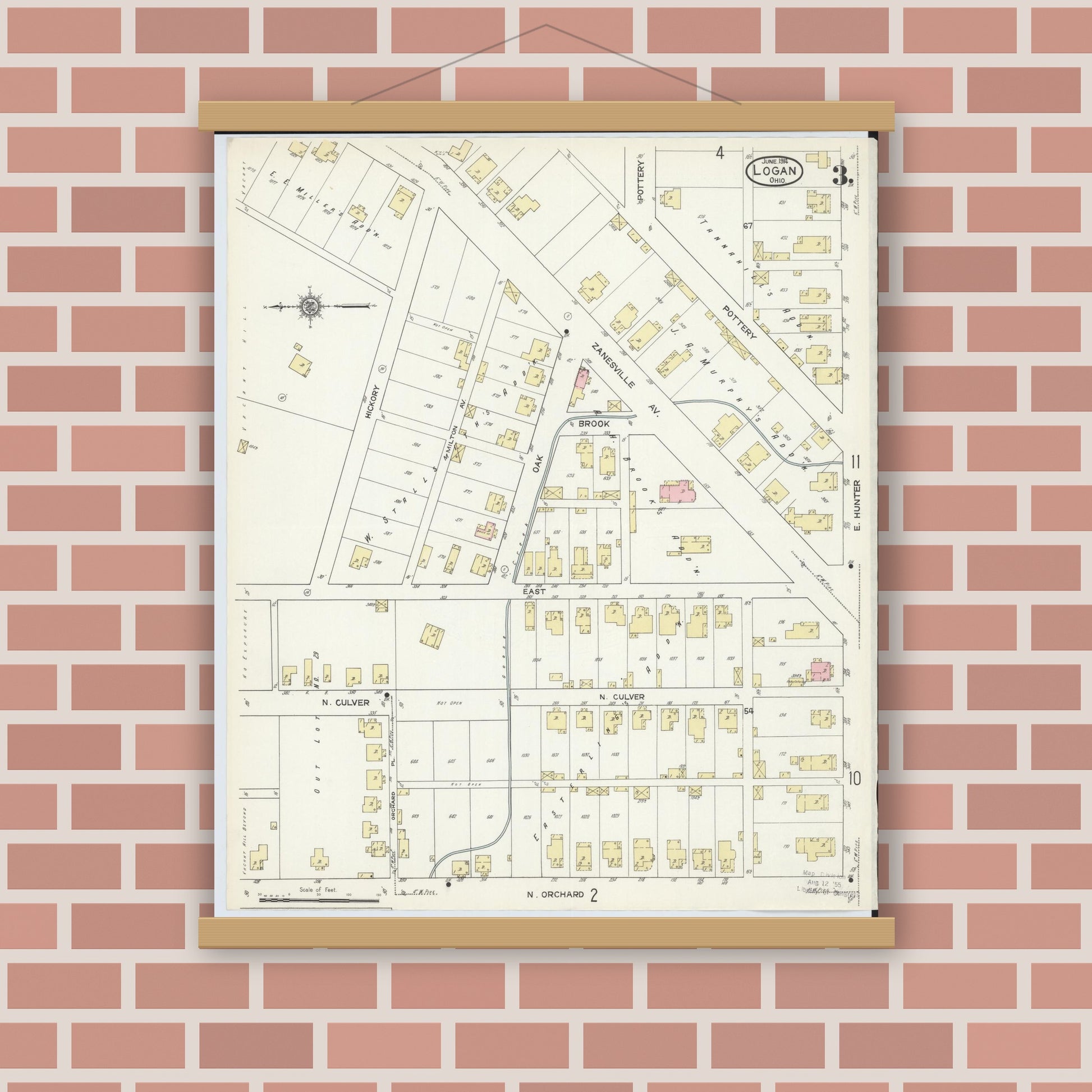Old map wall art mockup — magnetic wood frame on brick wall — Sanborn Fire Insurance Map from Logan, Hocking County, Ohio (1914), Sheet #0003