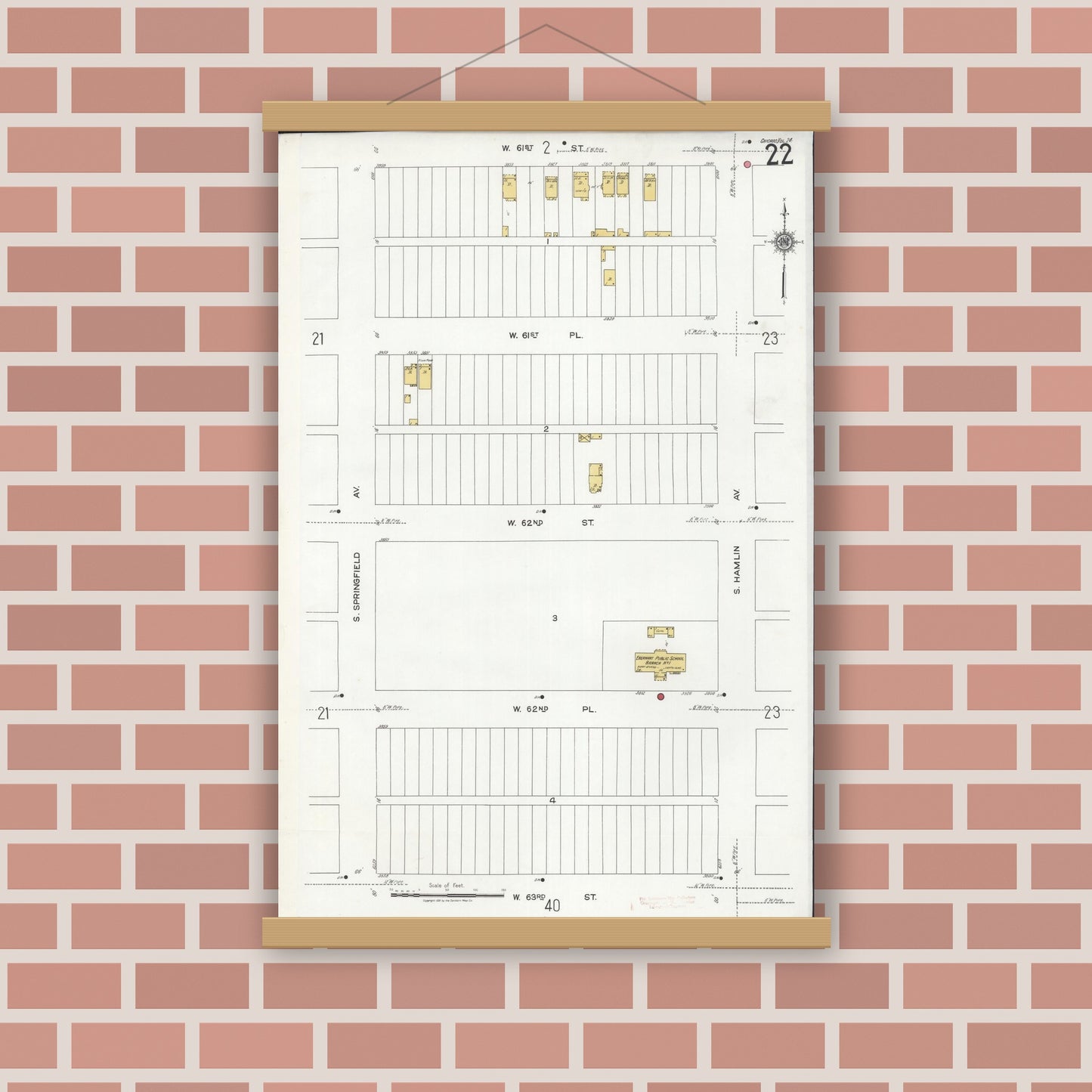 Old map wall art mockup — magnetic wood frame on brick wall — Sanborn Fire Insurance Map from Chicago, Cook County, Illinois (1920), Sheet #0022