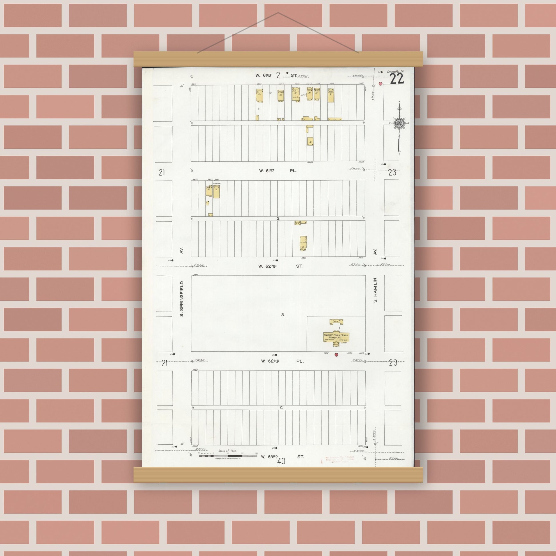 Old map wall art mockup — magnetic wood frame on brick wall — Sanborn Fire Insurance Map from Chicago, Cook County, Illinois (1920), Sheet #0022