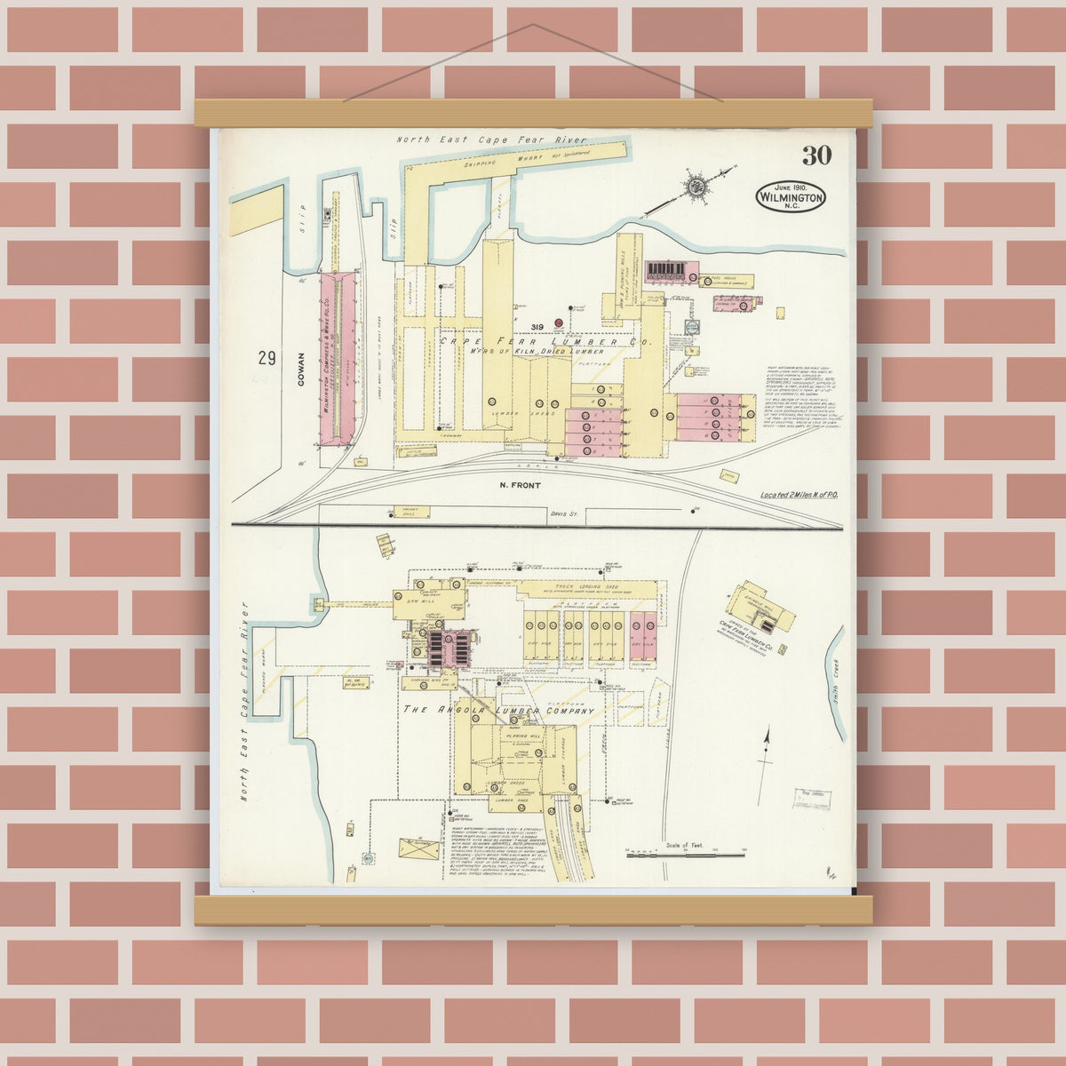 Old map wall art mockup — magnetic wood frame on brick wall — Sanborn Fire Insurance Map from Wilmington, New Hanover County, North Carolina (1910), Sheet #0030