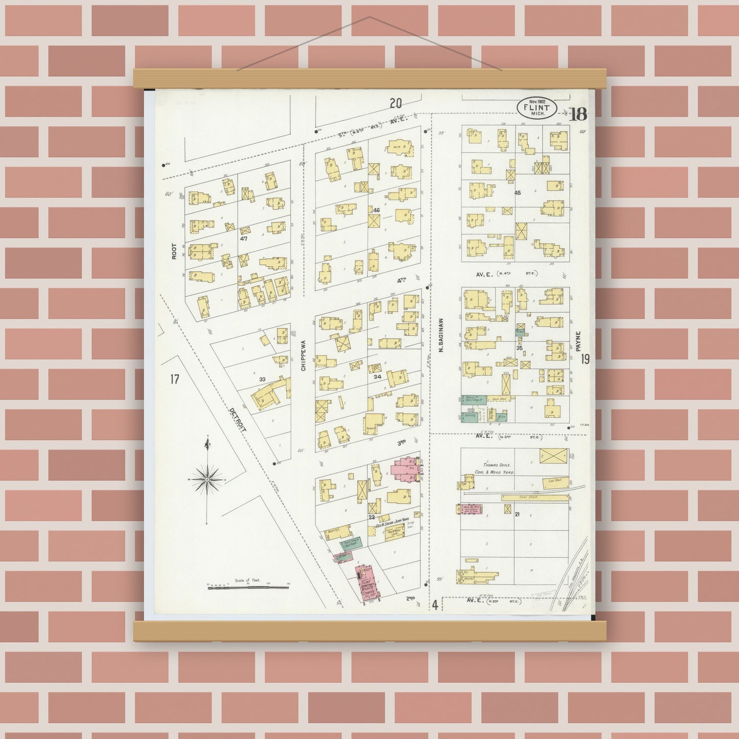 Old map wall art mockup — magnetic wood frame on brick wall — Sanborn Fire Insurance Map from Flint, Genesee County, Michigan (1902), Sheet #0018