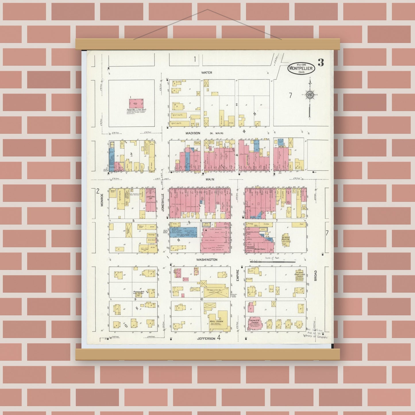 Old map wall art mockup — magnetic wood frame on brick wall — Sanborn Fire Insurance Map from Montpelier, Williams County, Ohio (1916), Sheet #0003