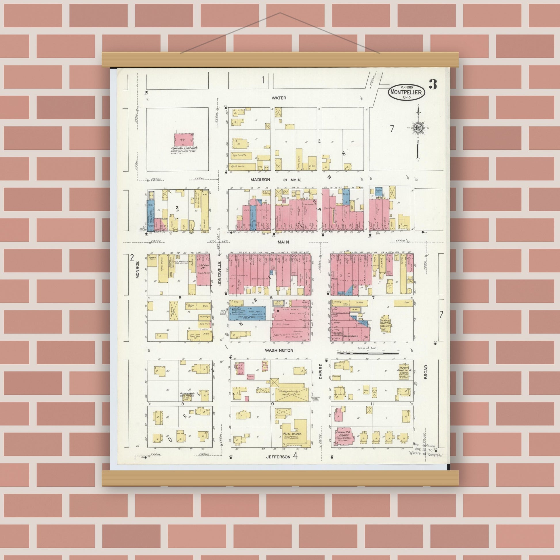 Old map wall art mockup — magnetic wood frame on brick wall — Sanborn Fire Insurance Map from Montpelier, Williams County, Ohio (1916), Sheet #0003