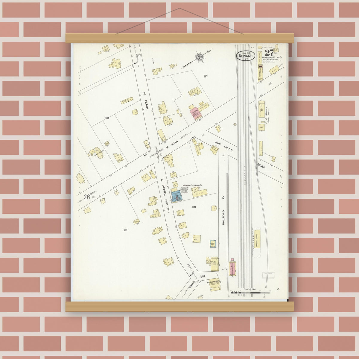 Old map wall art mockup — magnetic wood frame on brick wall — Sanborn Fire Insurance Map from Newark, Wayne County, New York (1912), Sheet #0027
