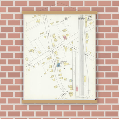 Old map wall art mockup — magnetic wood frame on brick wall — Sanborn Fire Insurance Map from Newark, Wayne County, New York (1912), Sheet #0027