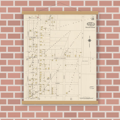 Old map wall art mockup — magnetic wood frame on brick wall — Sanborn Fire Insurance Map from Gainesville, Cooke County, Texas (1922), Sheet #0021