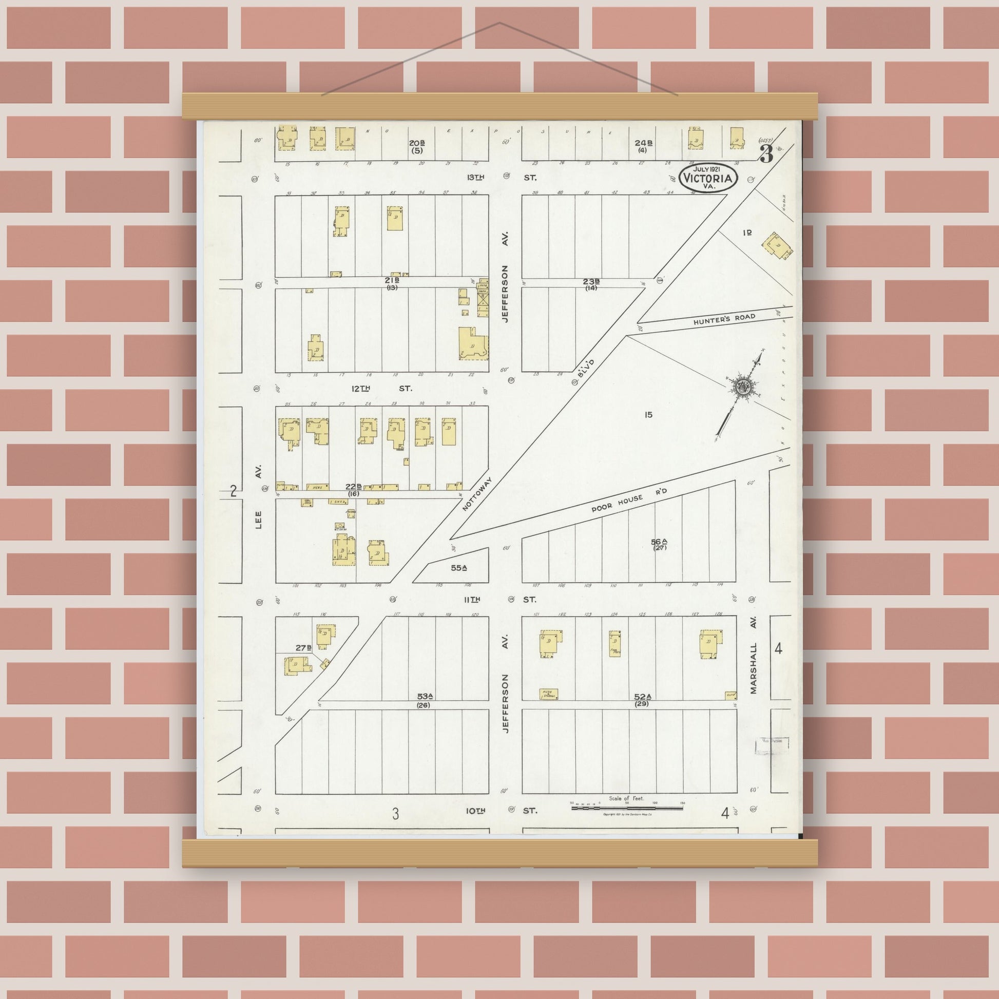 Old map wall art mockup — magnetic wood frame on brick wall — Sanborn Fire Insurance Map from Victoria, Lunenburg County, Virginia (1921), Sheet #0003