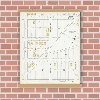 Old map wall art mockup — magnetic wood frame on brick wall — Sanborn Fire Insurance Map from Victoria, Lunenburg County, Virginia (1921), Sheet #0003