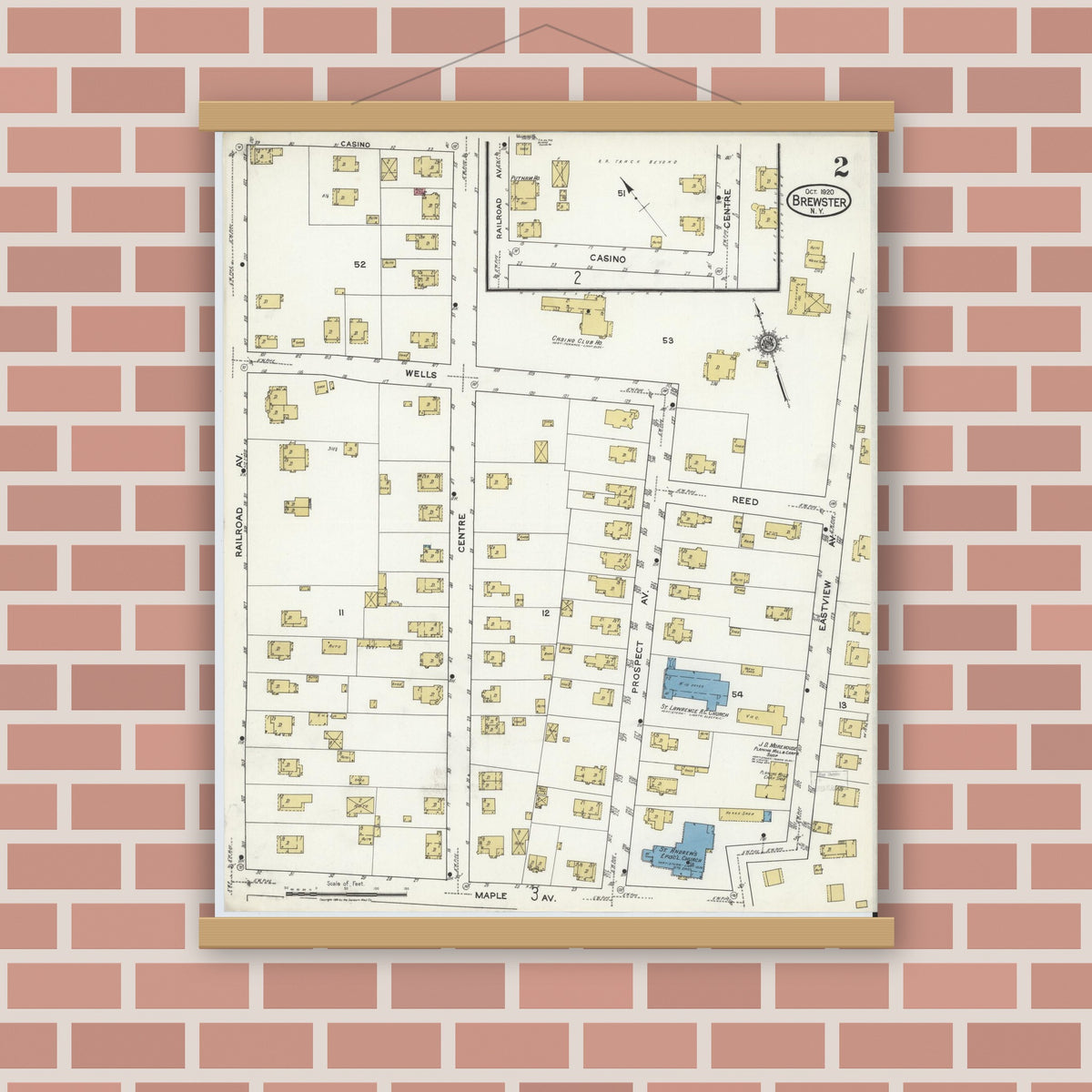 Old map wall art mockup — magnetic wood frame on brick wall — Sanborn Fire Insurance Map from Brewster, Putnam County, New York (1920), Sheet #0002