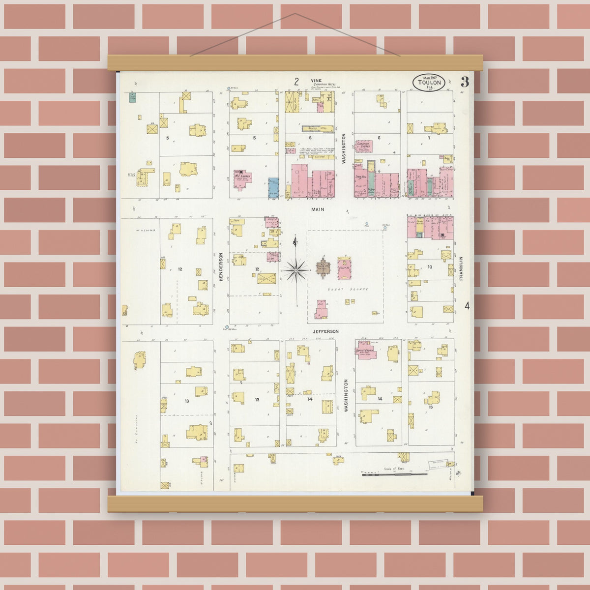 Old map wall art mockup — magnetic wood frame on brick wall — Sanborn Fire Insurance Map from Toulon, Stark County, Illinois (1907), Sheet #0003