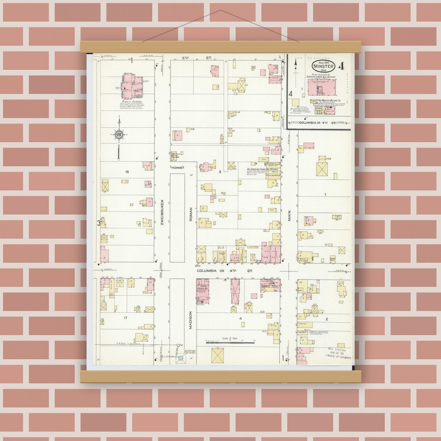 Old map wall art mockup — magnetic wood frame on brick wall — Sanborn Fire Insurance Map from Minster, Auglaize County, Ohio (1914), Sheet #0004