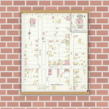 Old map wall art mockup — magnetic wood frame on brick wall — Sanborn Fire Insurance Map from Minster, Auglaize County, Ohio (1914), Sheet #0004