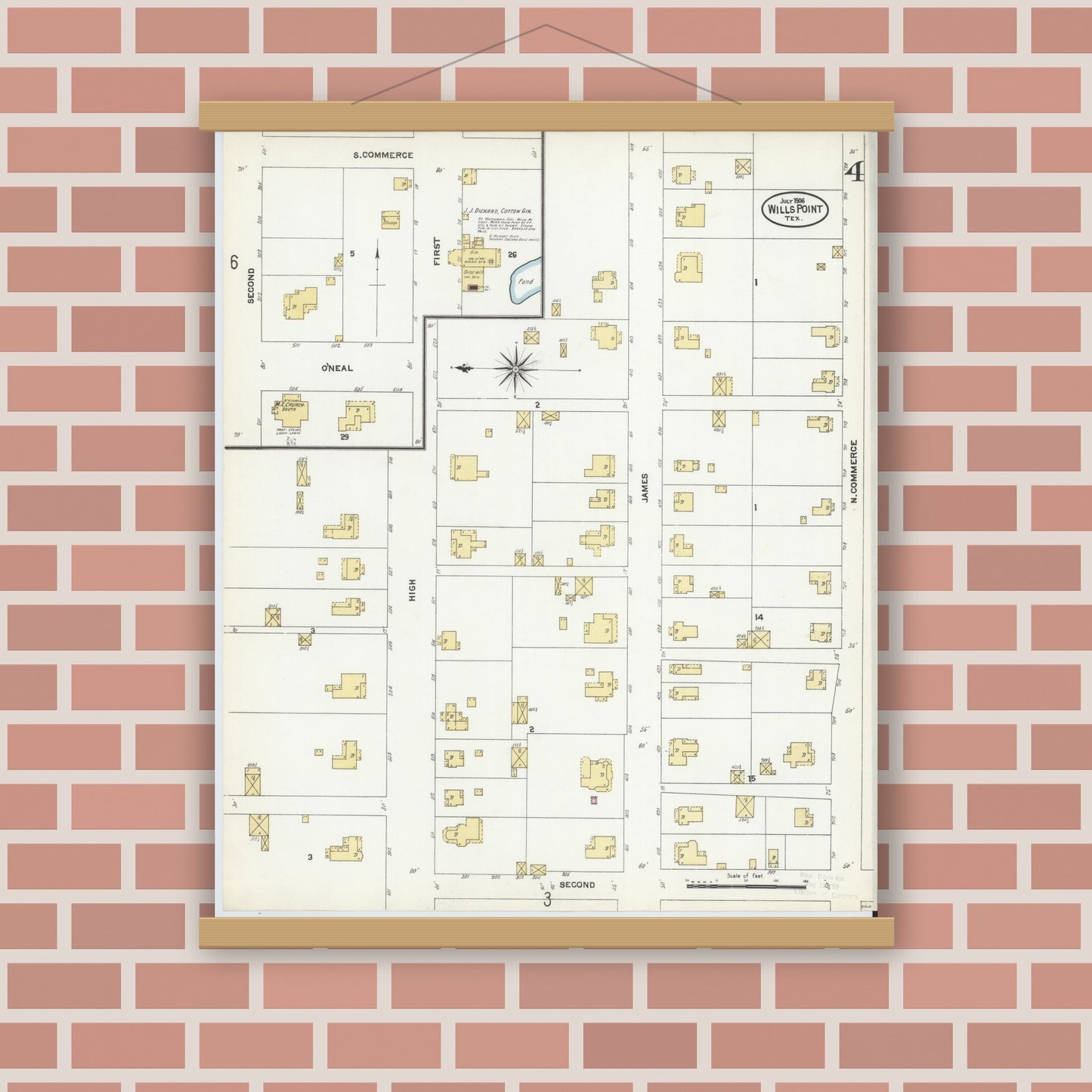 Old map wall art mockup — magnetic wood frame on brick wall — Sanborn Fire Insurance Map from Wills Point, Van Zandt County, Texas (1906), Sheet #0004