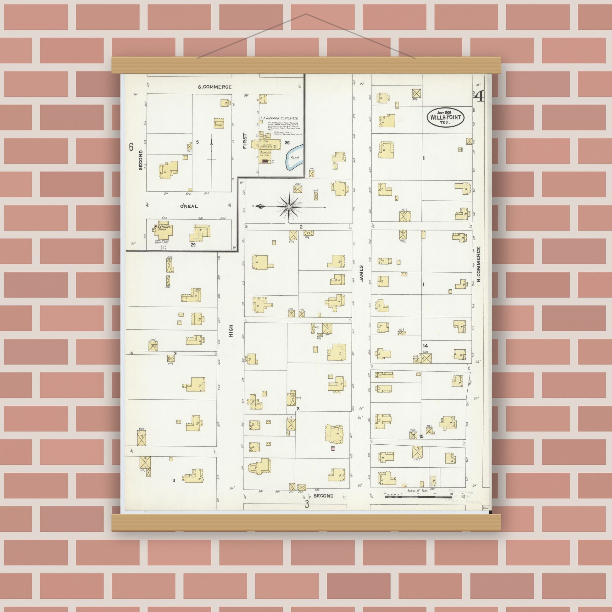 Old map wall art mockup — magnetic wood frame on brick wall — Sanborn Fire Insurance Map from Wills Point, Van Zandt County, Texas (1906), Sheet #0004