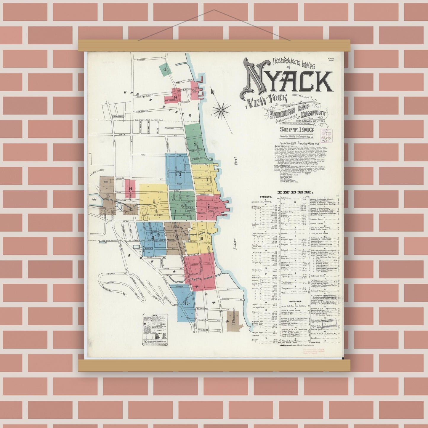 Old map wall art mockup — magnetic wood frame on brick wall — Sanborn Fire Insurance Map from Nyack, Rockland County, New York. (1903), Sheet #0000