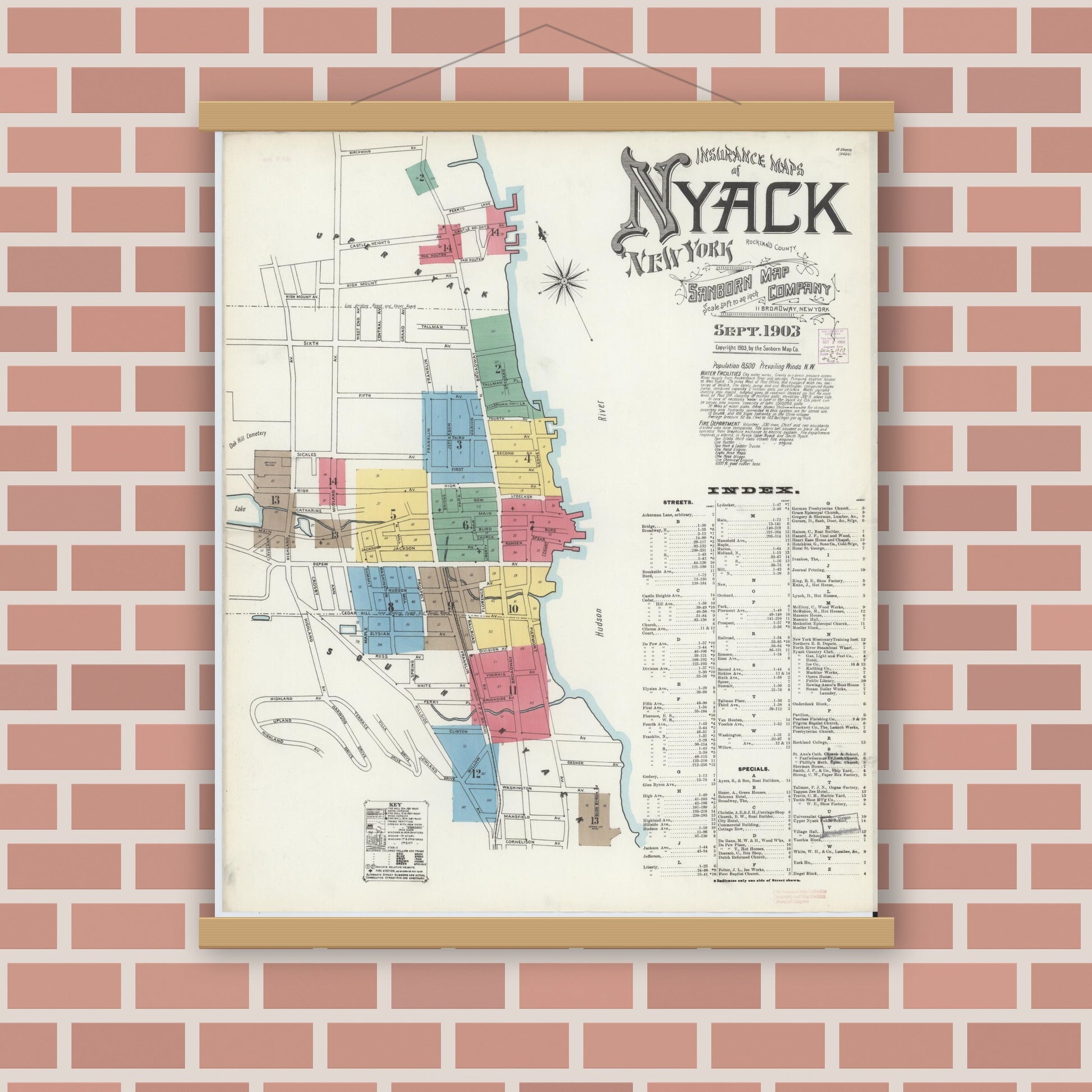 Old map wall art mockup — magnetic wood frame on brick wall — Sanborn Fire Insurance Map from Nyack, Rockland County, New York. (1903), Sheet #0000