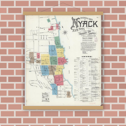 Old map wall art mockup — magnetic wood frame on brick wall — Sanborn Fire Insurance Map from Nyack, Rockland County, New York. (1903), Sheet #0000