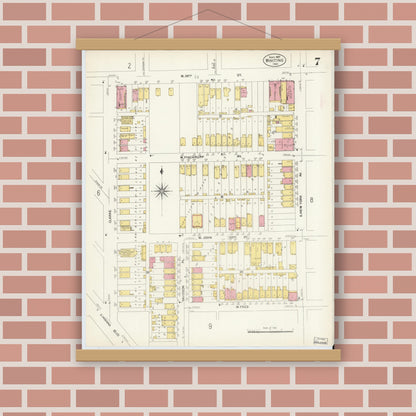 Old map wall art mockup — magnetic wood frame on brick wall — Sanborn Fire Insurance Map from Whiting, Lake County, Indiana (1907), Sheet #0007