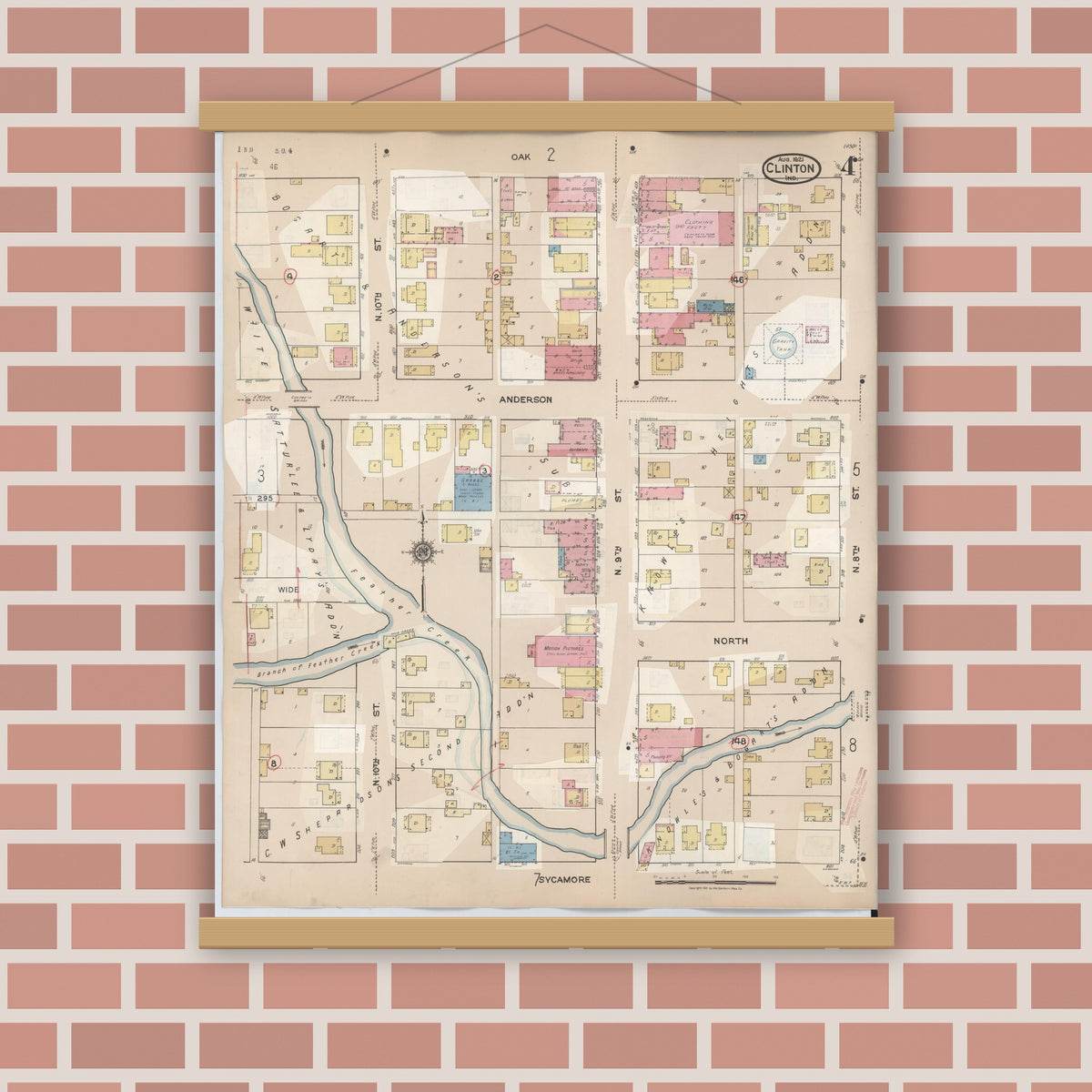 Old map wall art mockup — magnetic wood frame on brick wall — Sanborn Fire Insurance Map from Clinton, Vermillion County, Indiana (1947), Sheet #0004