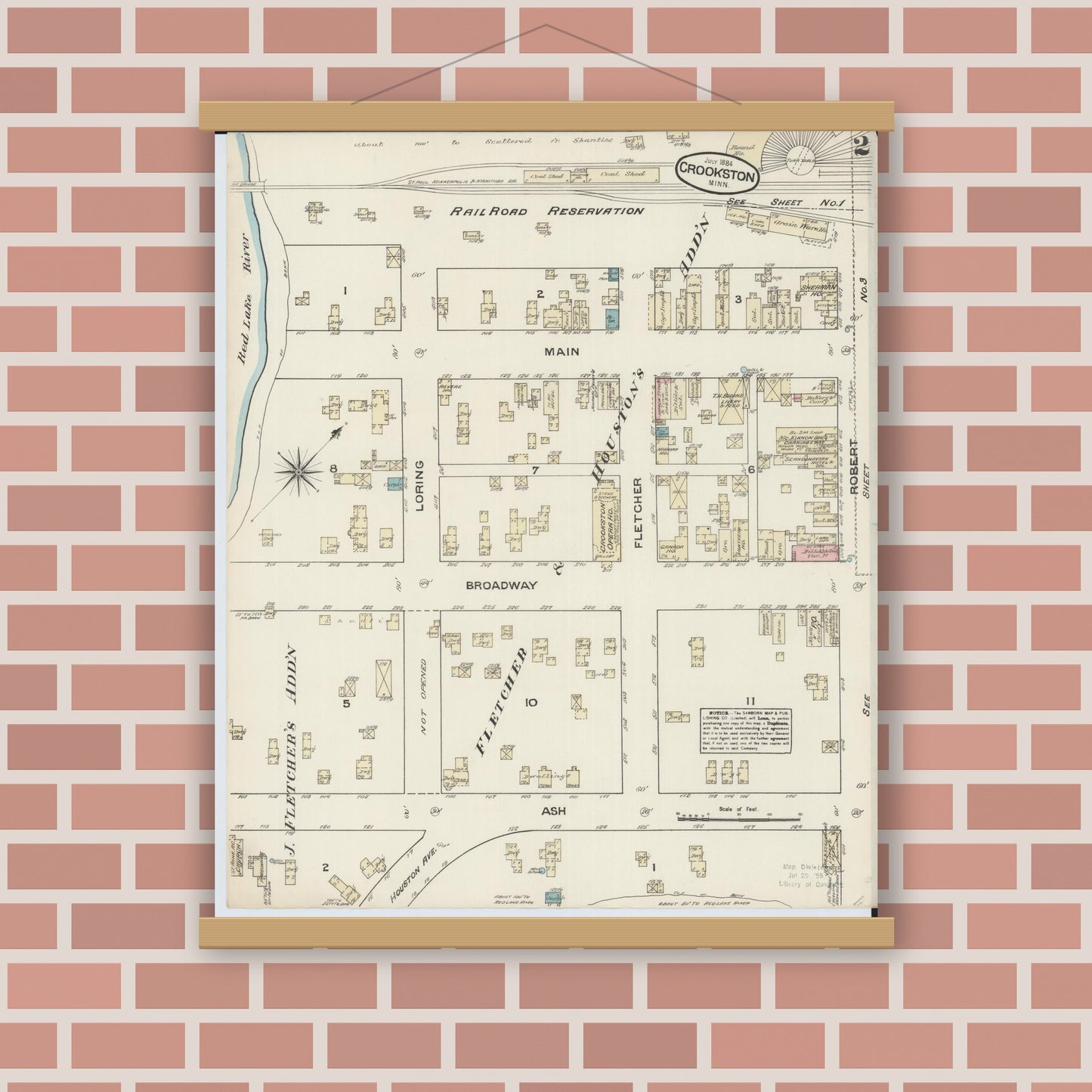 Old map wall art mockup — magnetic wood frame on brick wall — Sanborn Fire Insurance Map from Crookston, Polk County, Minnesota (1884), Sheet #0002