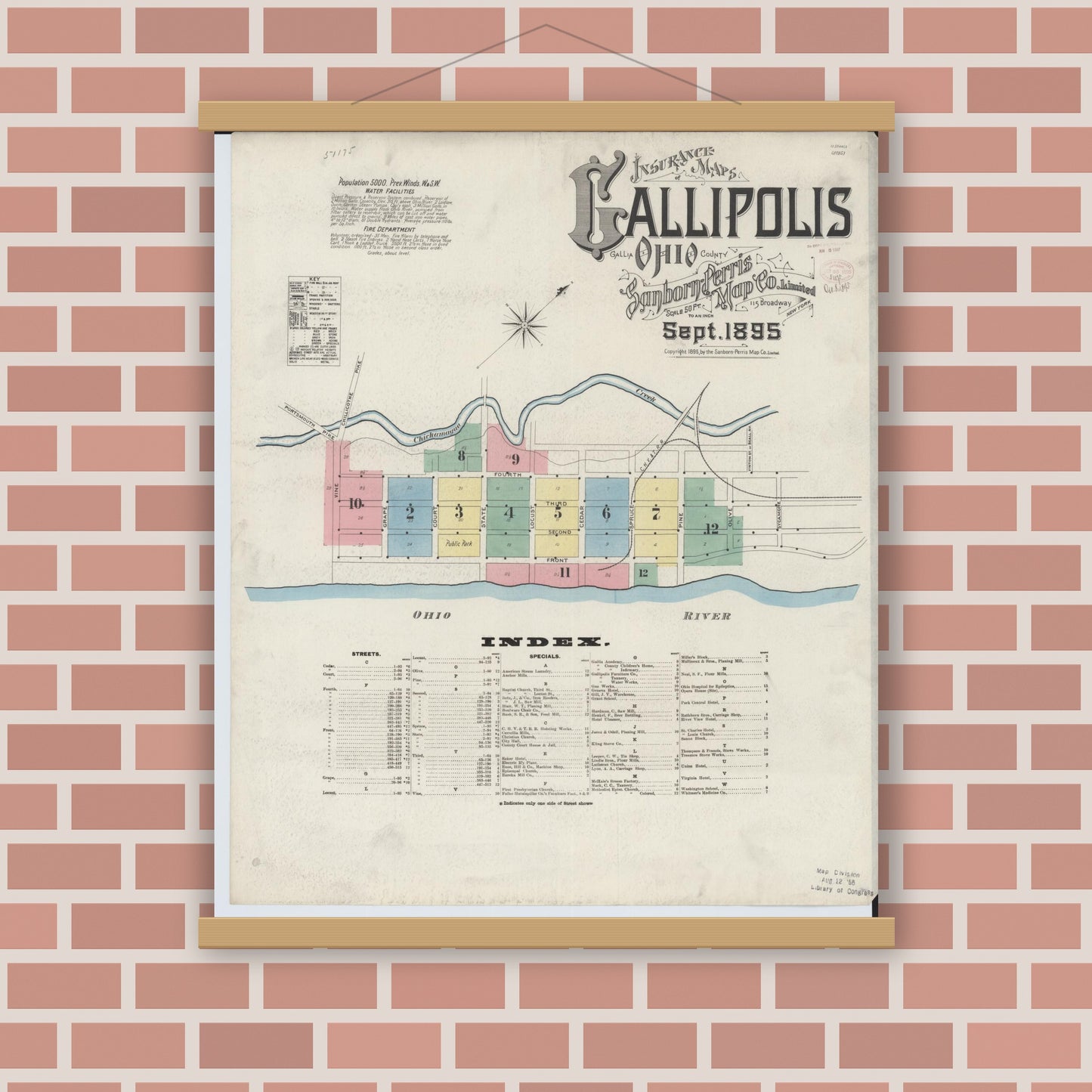 Old map wall art mockup — magnetic wood frame on brick wall — Sanborn Fire Insurance Map from Gallipolis, Gallia County, Ohio (1895), Sheet #0001