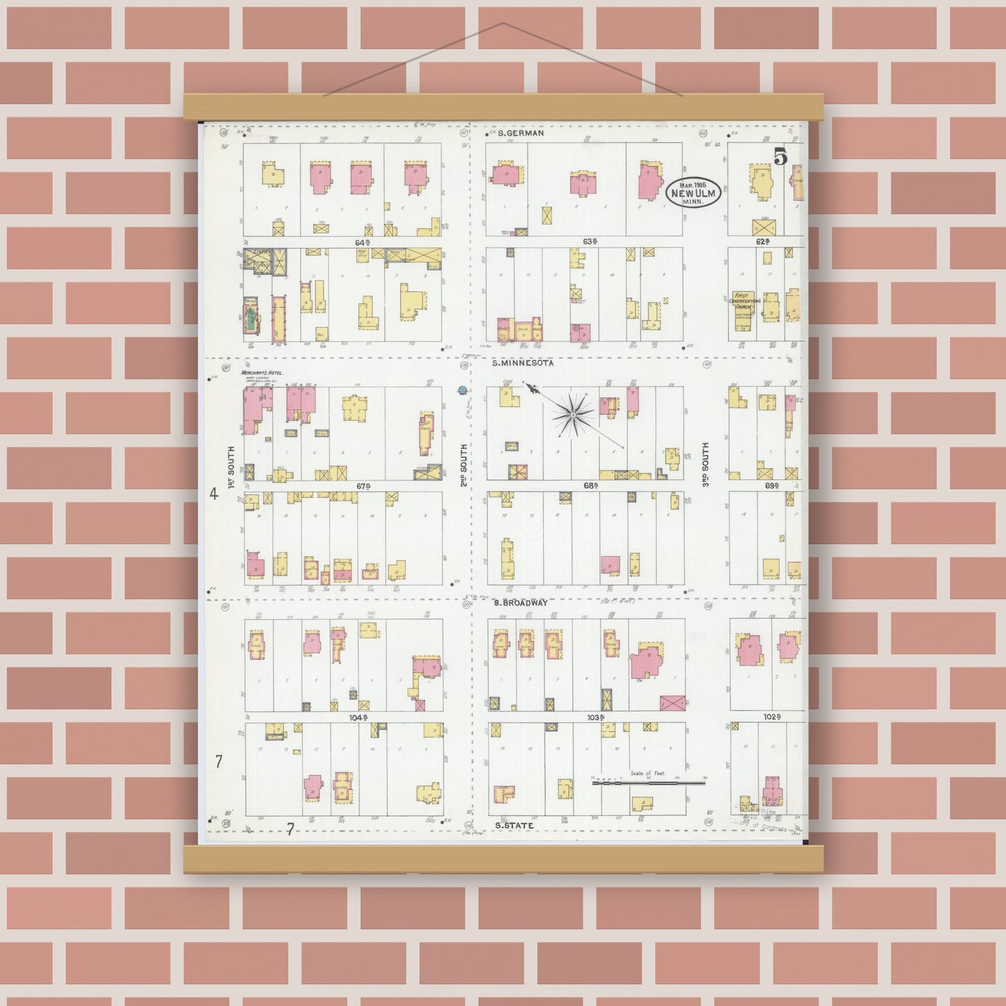 Old map wall art mockup — magnetic wood frame on brick wall — Sanborn Fire Insurance Map from New Ulm, Brown County, Minnesota (1905), Sheet #0005