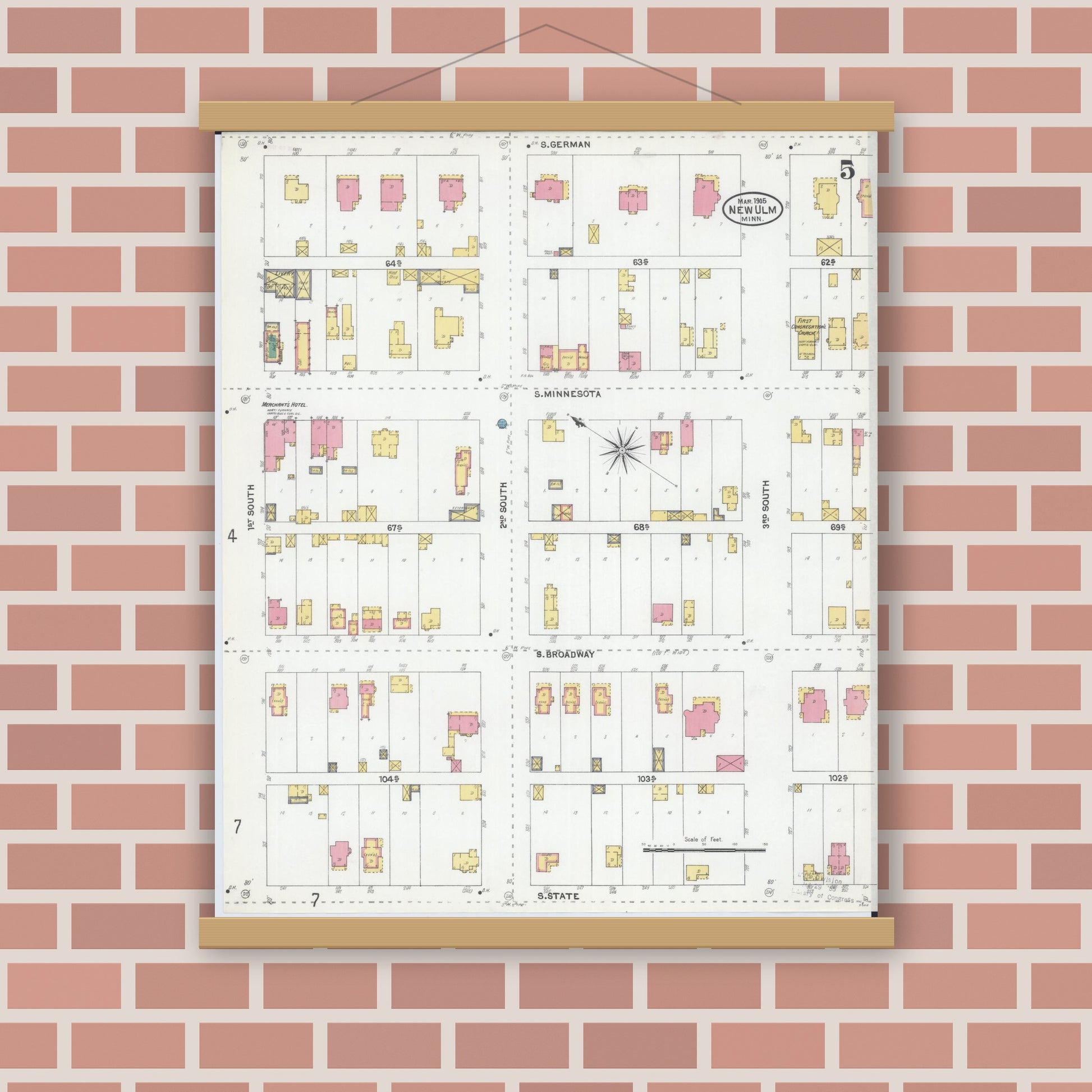 Old map wall art mockup — magnetic wood frame on brick wall — Sanborn Fire Insurance Map from New Ulm, Brown County, Minnesota (1905), Sheet #0005