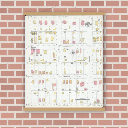 Old map wall art mockup — magnetic wood frame on brick wall — Sanborn Fire Insurance Map from New Ulm, Brown County, Minnesota (1905), Sheet #0005