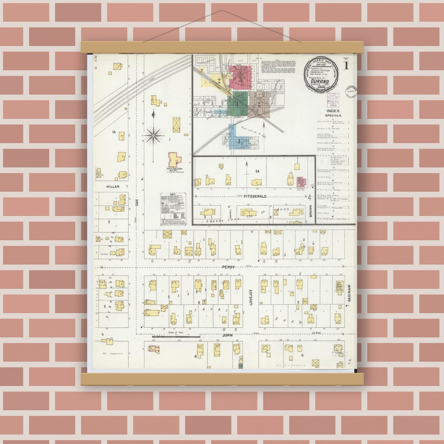 Old map wall art mockup — magnetic wood frame on brick wall — Sanborn Fire Insurance Map from Durand, Shiawassee County, Michigan (1901) - Complete Map Set