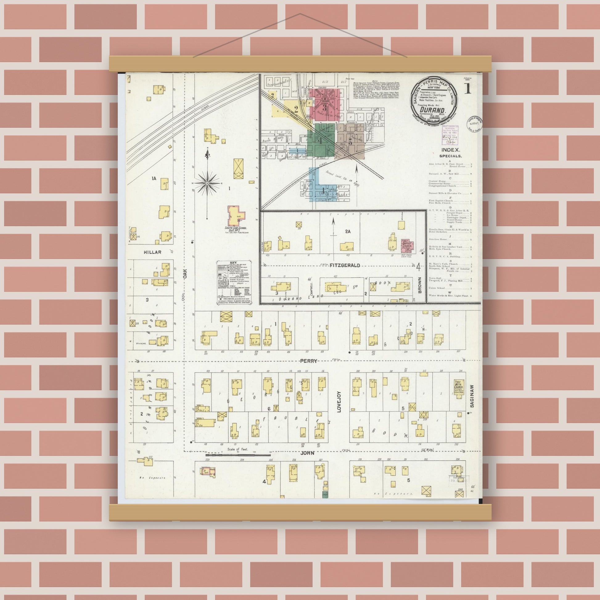 Old map wall art mockup — magnetic wood frame on brick wall — Sanborn Fire Insurance Map from Durand, Shiawassee County, Michigan (1901) - Complete Map Set