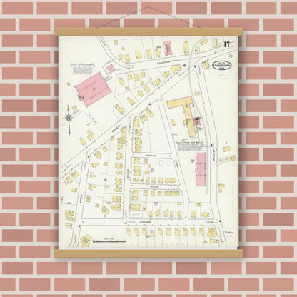 Old map wall art mockup — magnetic wood frame on brick wall — Sanborn Fire Insurance Map from Framingham, Middlesex County, Massachusetts (1915), Sheet #0017