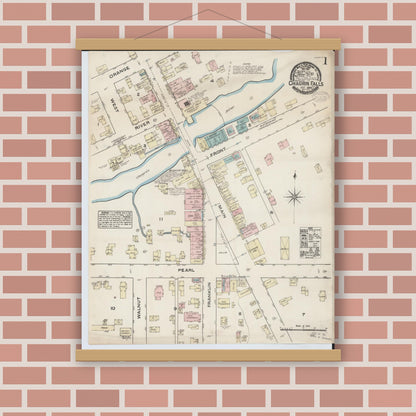 Old map wall art mockup — magnetic wood frame on brick wall — Sanborn Fire Insurance Map from Chagrin Falls, Cuyahoga County, Ohio (1884), Sheet #0001