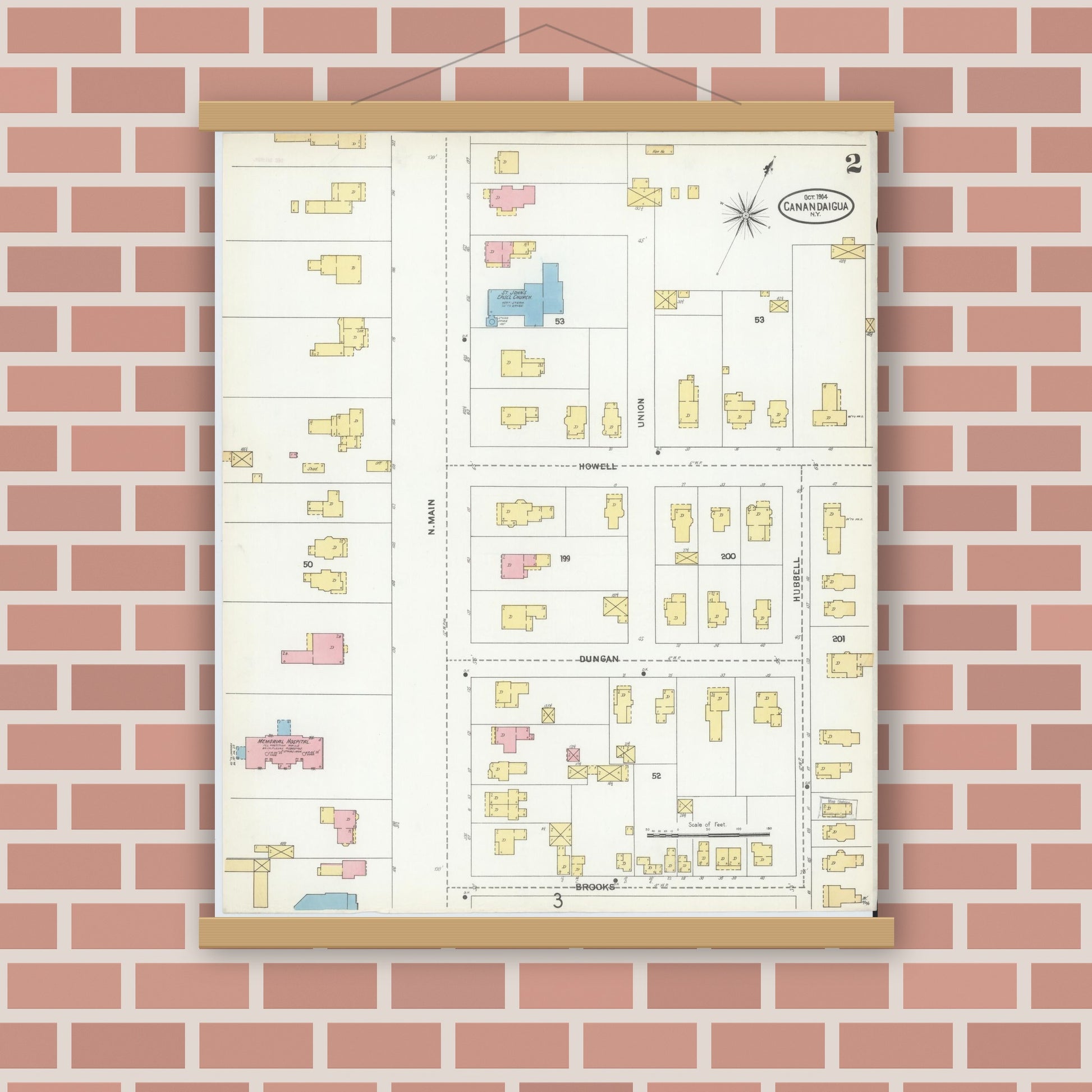 Old map wall art mockup — magnetic wood frame on brick wall — Sanborn Fire Insurance Map from Canandaigua, Ontario County, New York (1904), Sheet #0002
