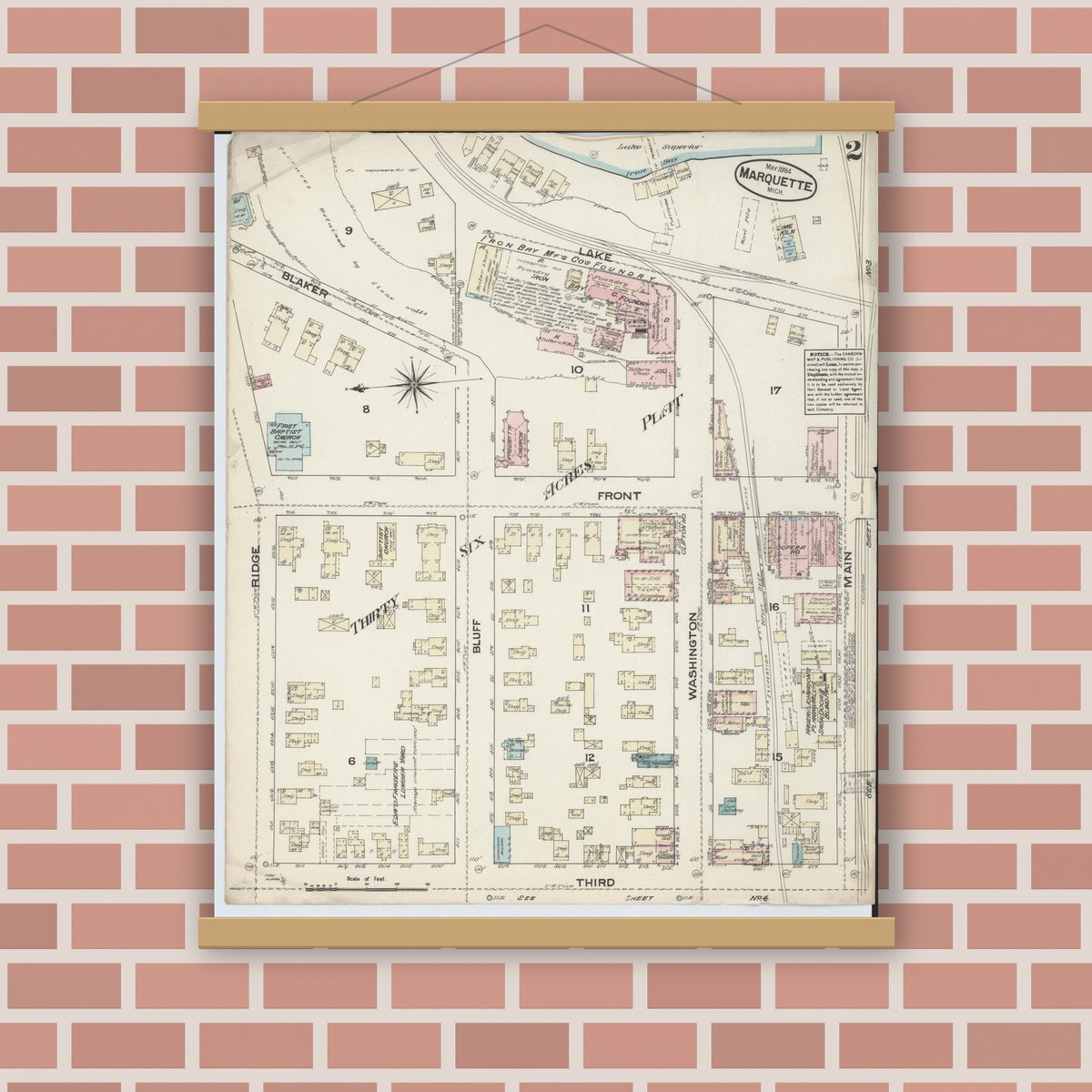 Old map wall art mockup — magnetic wood frame on brick wall — Sanborn Fire Insurance Map from Marquette, Marquette County, Michigan (1884), Sheet #0002